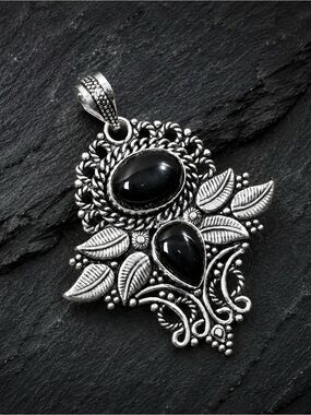 Natural Black Onyx Gemstone 925 Silver Leaf 2.4” Pendant